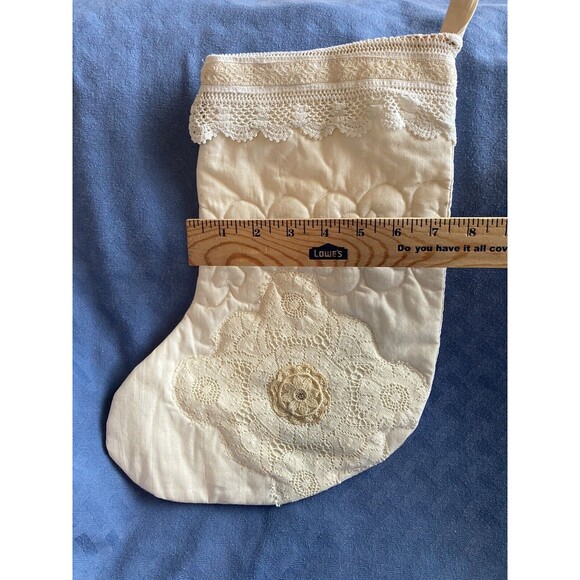 Quilted CHRISTMAS STOCKING Ivory Vintage Lace Holiday Decor - Picture 2 of 5